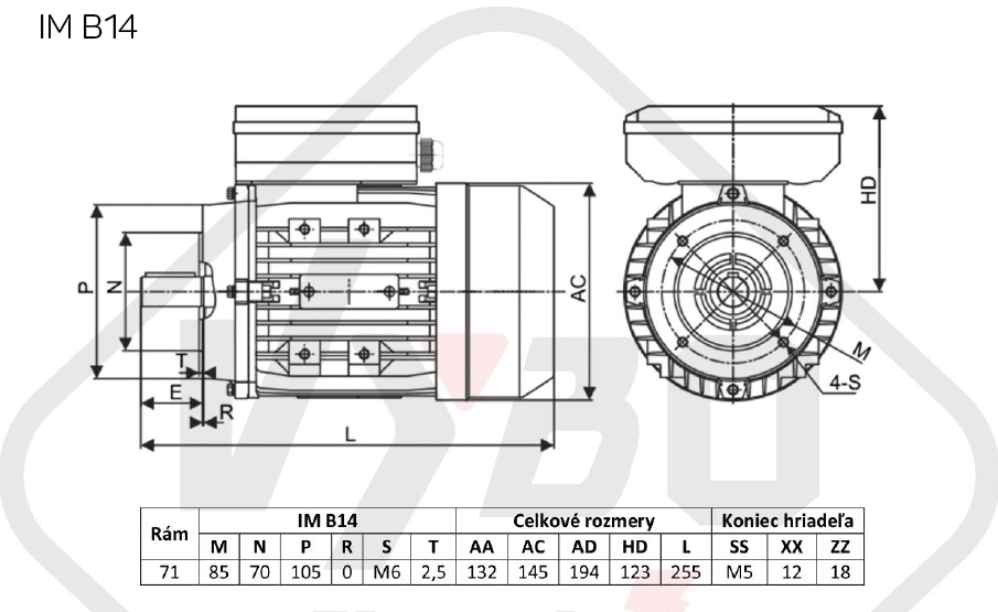 rozmerový výkres Jednofázový elektromotor 0,25kW ALJ711-4 B14