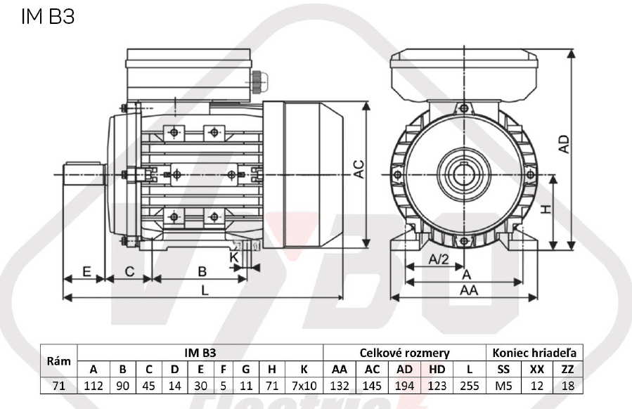 rozmerový výkres Jednofázový elektromotor 0,25kW ALJ711-4 B3