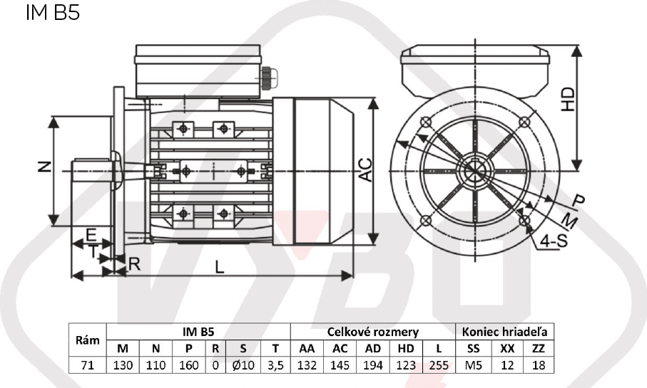 rozmerový výkres Jednofázový elektromotor 0,25kW ALJ711-4 B5