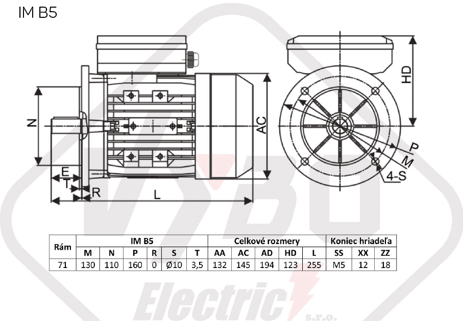 rozmerový výkres Jednofázový elektromotor 0,37kW ALJ711-2 B5