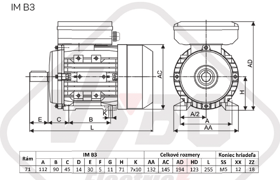rozmerový výkres Jednofázový elektromotor 0,37kW ALJ712-4 B3