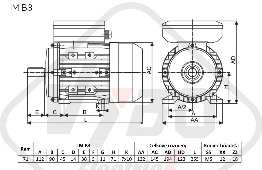 rozmerový výkres Jednofázový elektromotor 0,55kW ALJ712-2 B3