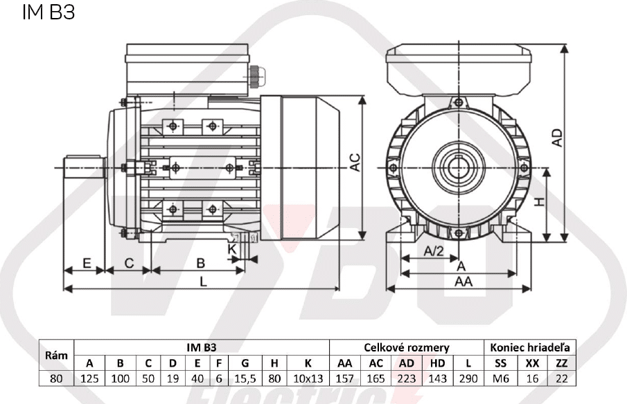 rozmerový výkres Jednofázový elektromotor 0,75kW ALJ801-2 B3