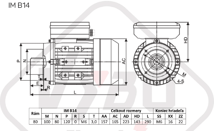 rozmerový výkres Jednofázový elektromotor 0,75kW ALJ802-4 B14