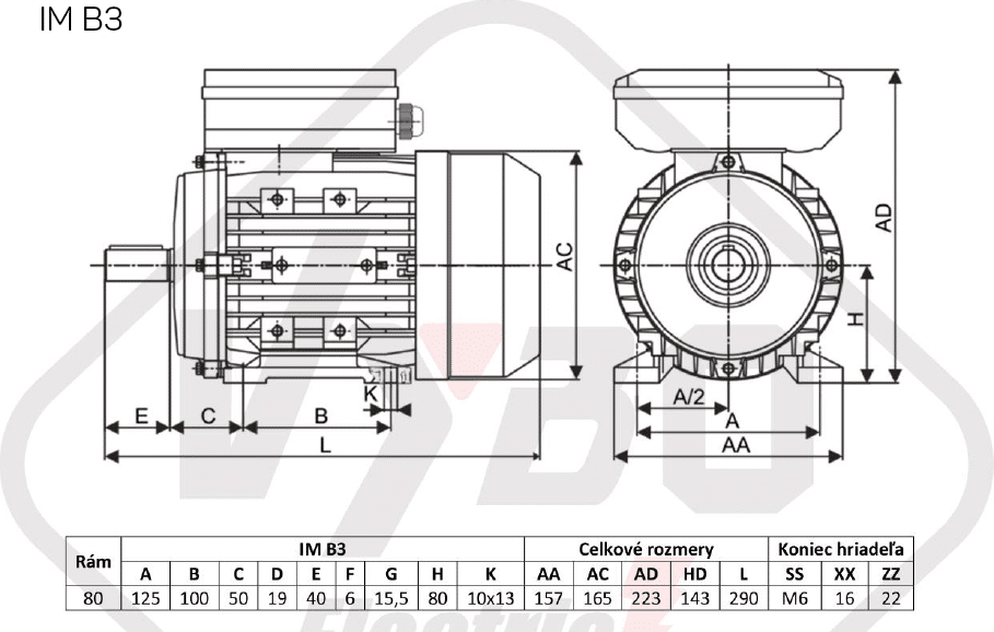 rozmerový výkres Jednofázový elektromotor 0,75kW ALJ802-4 B3