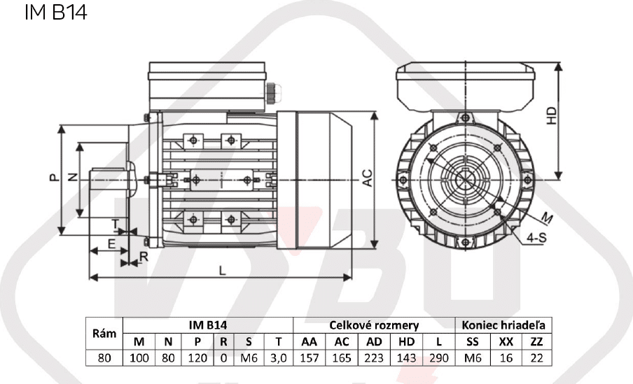 rozmerový výkres Jednofázový elektromotor 1,1kW ALJ802-2 B14