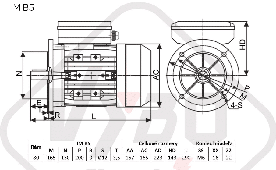 rozmerový výkres Jednofázový elektromotor 1,1kW ALJ802-2 B5