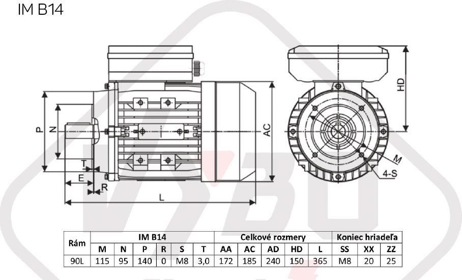 rozmerový výkres Jednofázový elektromotor 1,1kW ALJ90L1-4 B14