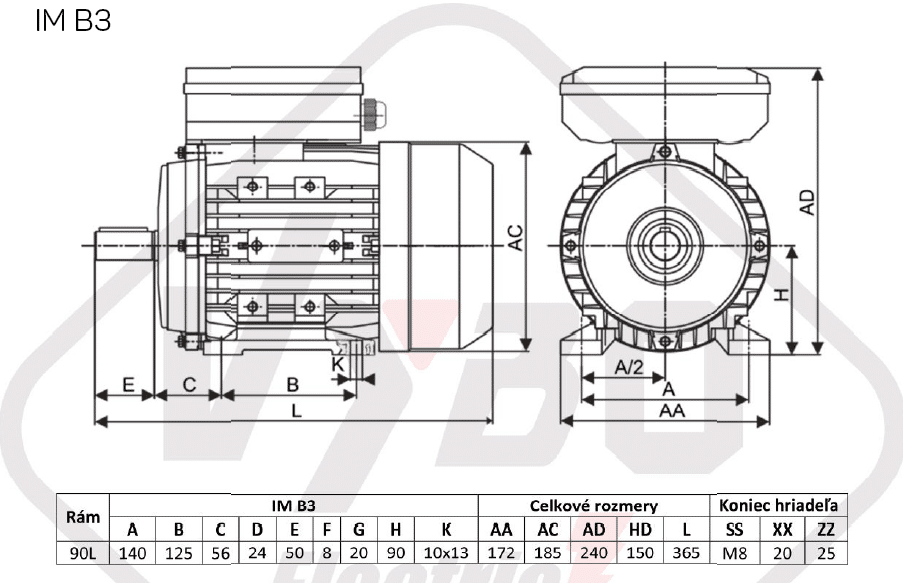 rozmerový výkres Jednofázový elektromotor 1,1kW ALJ90L1-4 B3