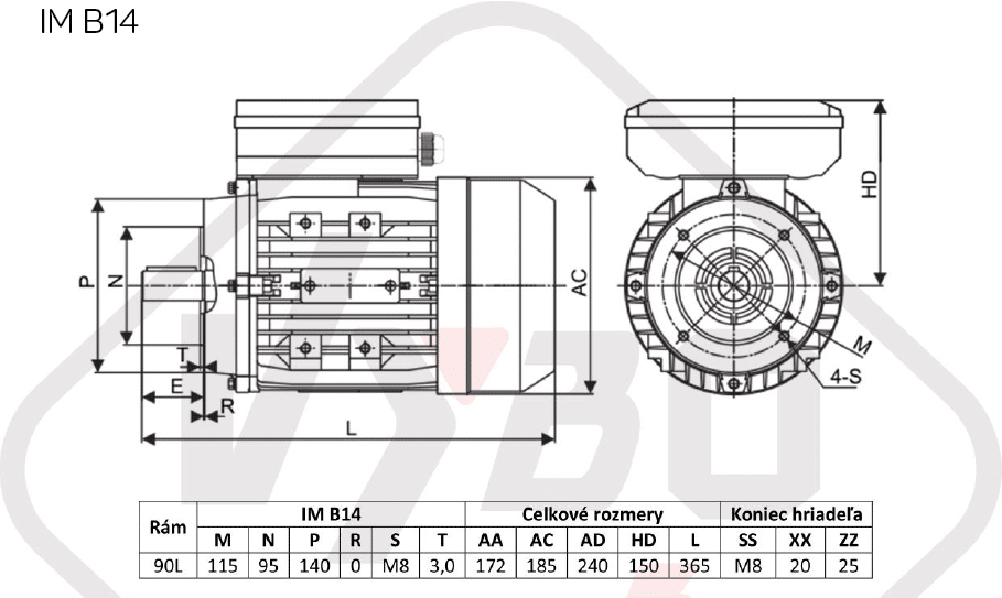 rozmerový výkres Jednofázový elektromotor 1,5kW ALJ90L1-2 B14