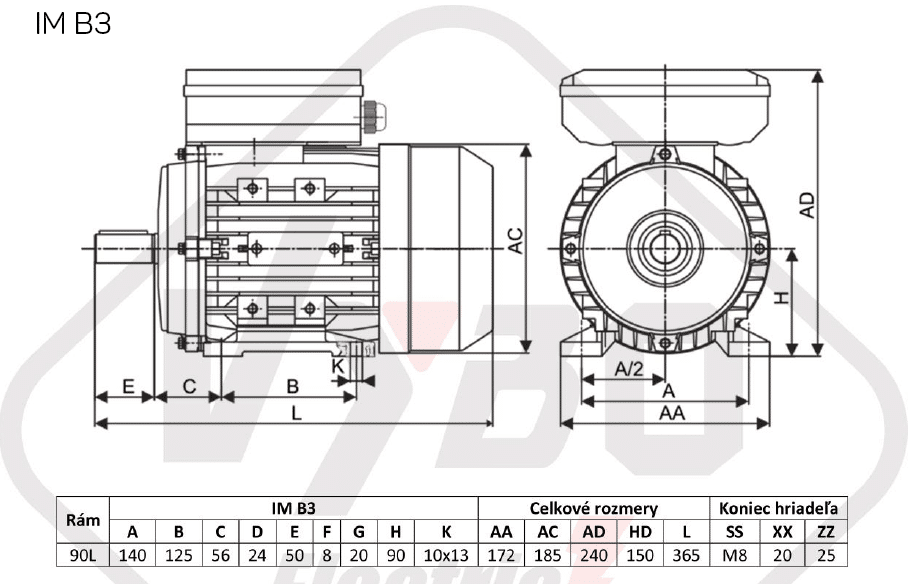 rozmerový výkres Jednofázový elektromotor 1,5kW ALJ90L1-2 B3