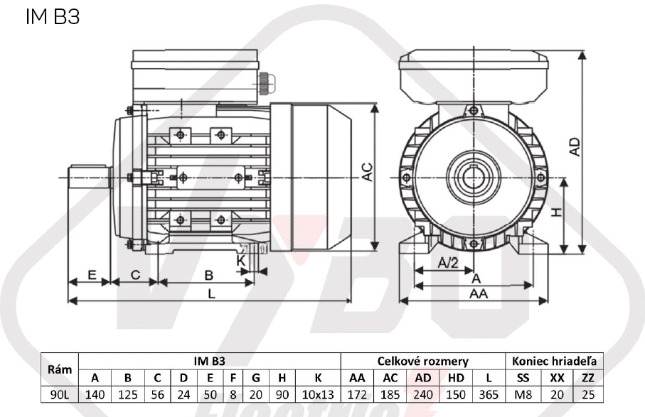 rozmerový výkres Jednofázový elektromotor 1,5kW ALJ90L2-4 B3