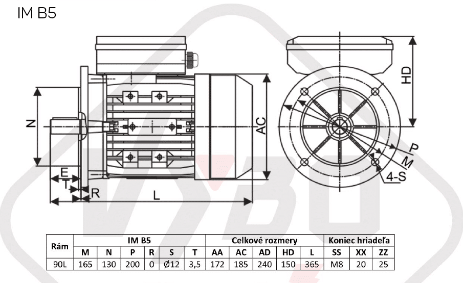 rozmerový výkres Jednofázový elektromotor 1,5kW ALJ90L2-4 B5
