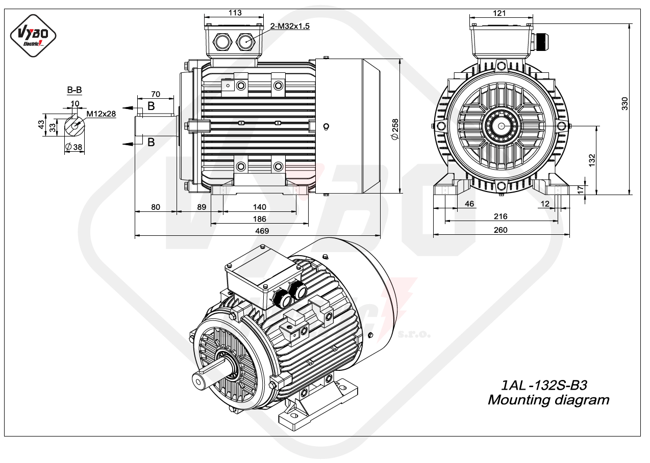 rozmerový výkres Trojfázový elektromotor 5.5kW 1AL132S-4 B3