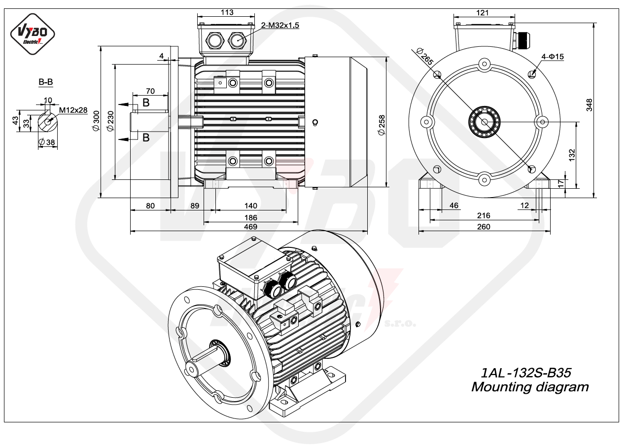 rozmerový výkres Trojfázový elektromotor 5.5kW 1AL132S-4 B35