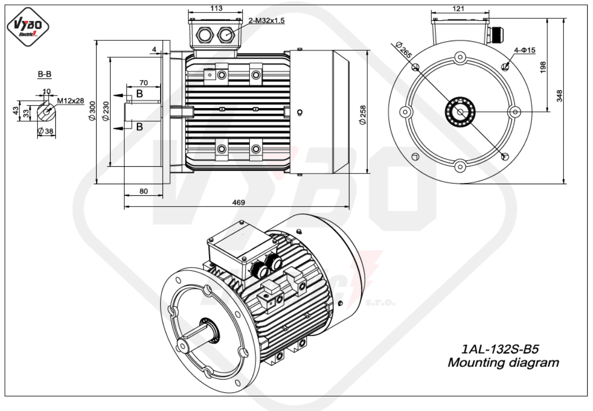 rozmerový výkres Trojfázový elektromotor 5.5kW 1AL132S-4 B5