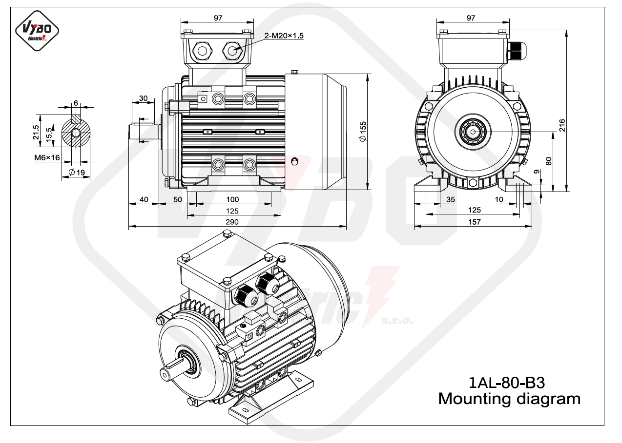 rozmerový výkres Trojfázový elektromotor 0.75kW 1AL80B-4 B3