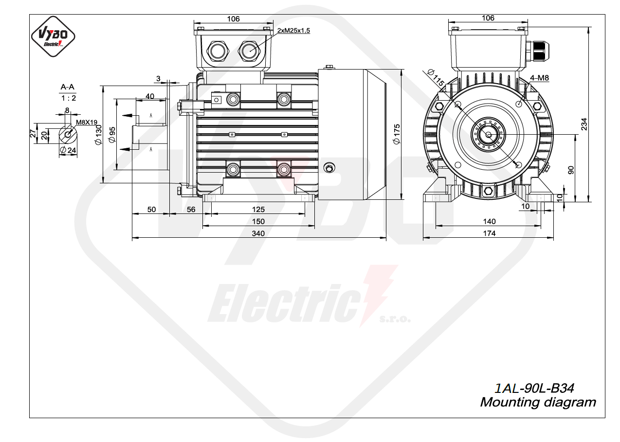 rozmerový výkres Trojfázový elektromotor 1.5kW 1AL90L-4 B34