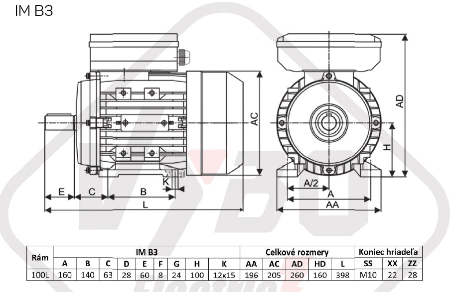 rozmerový výkres Jednofázový elektromotor 2,2kW ALJ100L1-4 B3