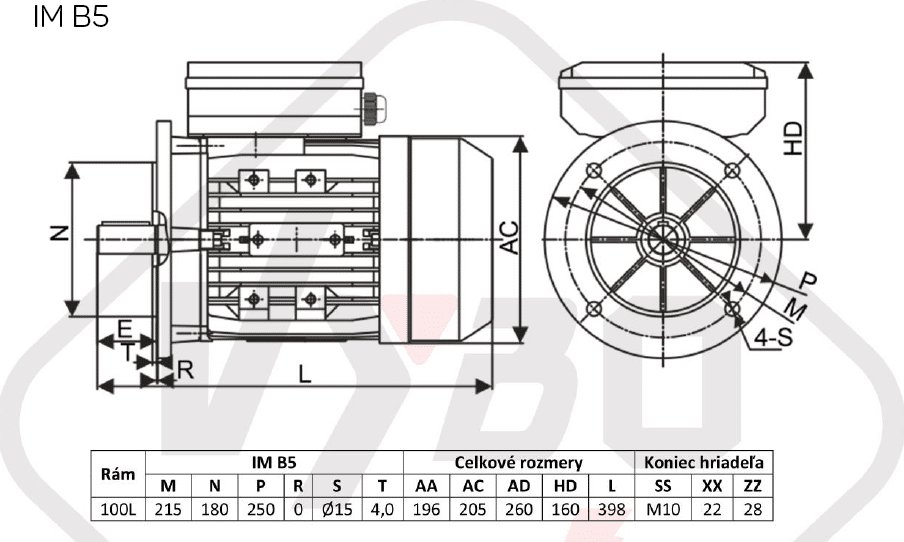 rozmerový výkres Jednofázový elektromotor 2,2kW ALJ100L1-4 B5