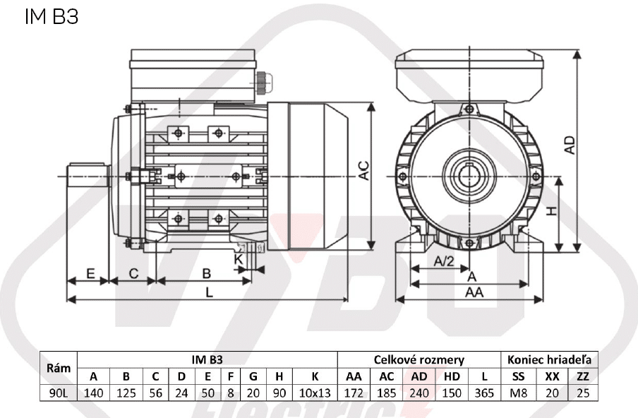 rozmerový výkres Jednofázový elektromotor 2,2kW ALJ90L2-2 B3