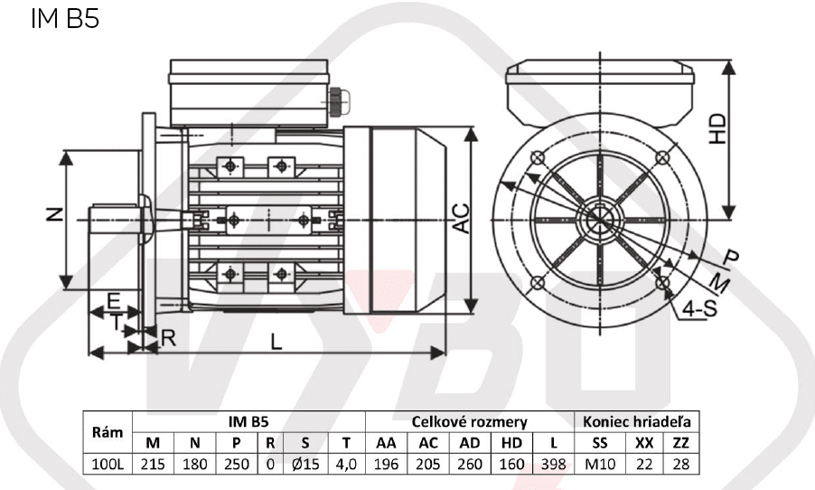 rozmerový výkres Jednofázový elektromotor 3kW ALJ100L2-4 B5