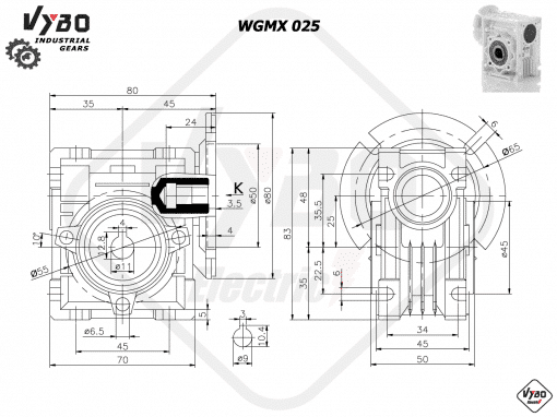 rozmerový výkres šneková prevodovka WGMX 025