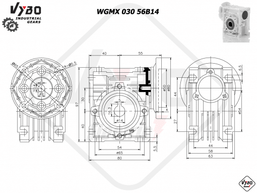 rozmerový výkres šneková prevodovka WGMX 030 56B14