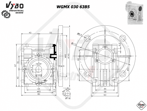 rozmerový výkres šneková prevodovka WGMX 030 63B5