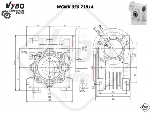 rozmerový výkres šneková prevodovka WGMX 050 71B14