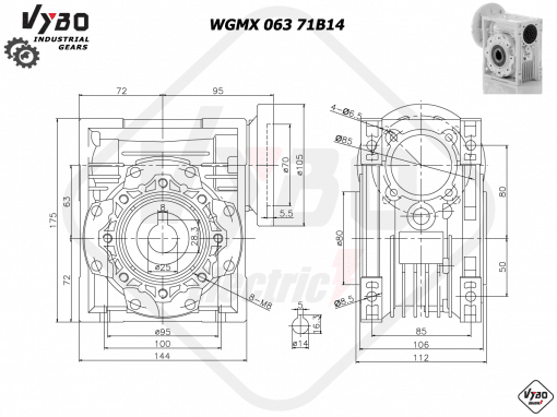 rozmerový výkres šneková prevodovka WGMX 063 71B14