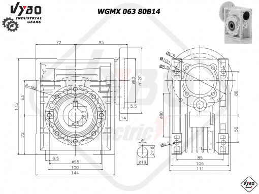 rozmerový výkres šneková prevodovka WGMX 063 80B14