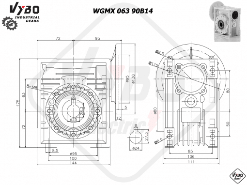 rozmerový výkres šneková prevodovka WGMX 063 90B14