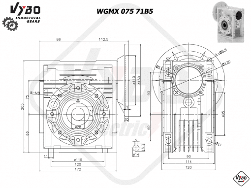 rozmerový výkres šneková prevodovka WGMX 075 71B5