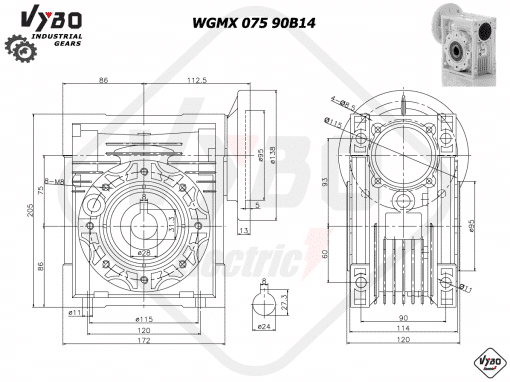 rozmerový výkres šneková prevodovka WGMX 075 90B14