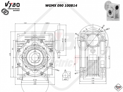 rozmerový výkres šneková prevodovka WGMX 090 100B14