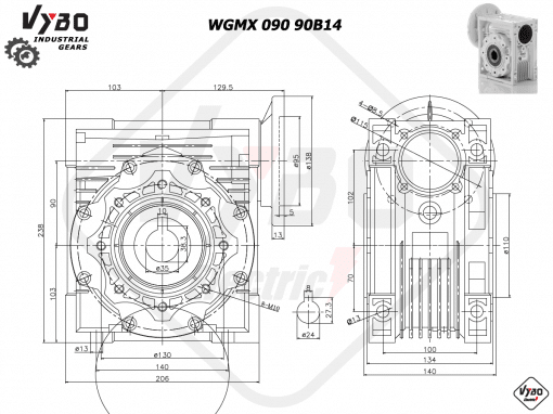 rozmerový výkres šneková prevodovka WGMX 090 90B14