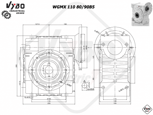 rozmerový výkres šneková prevodovka WGMX 110 80,90B5
