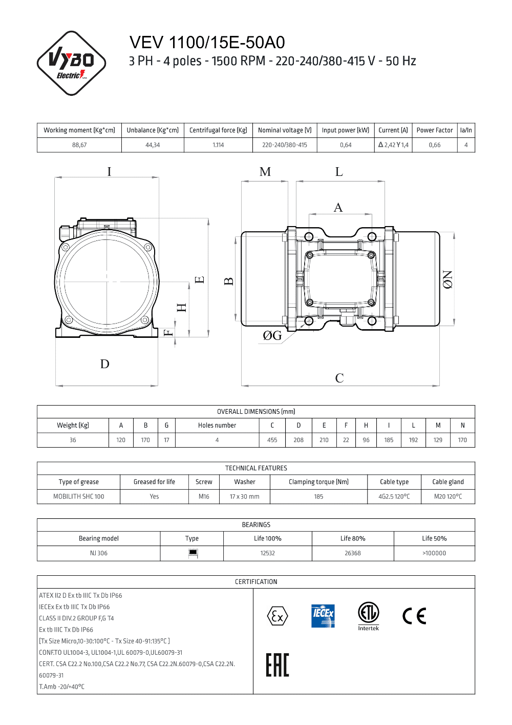 informační list vibračný motor VEV1100-15E-50A0